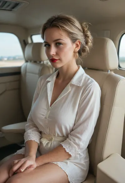 Swedish mature woman model 45 yeas old, blonde hair, sitting in airplane Concorde in a chair, wearing old granny white blouse, African men visible in background in plane, red lipstick, round golden earrings