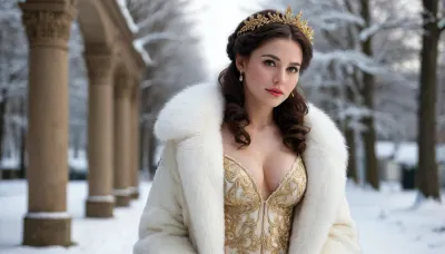 A captivating brunette just 18-year-old 5-feet-height well-built woman, wreath-like hairstyle, slightly smiling, desirable big breasts and thighs, gold-embroidered silverish snow-white gown and snow-white fur overcoat on bare body A captivating brunette just 18-year-old 5-feet-height well-built woman, wreath-like hairstyle, slightly smiling, desirable big breasts and thighs, gold-embroidered silverish snow-white gown and snow-white fur overcoat on bare body