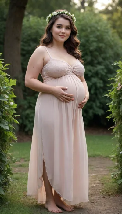 A captivating brunette just 18-year-old 3-feet-height dwarf slightly chubby well-built pregnant woman, wreath-like hairstyle, slightly smiling, desirable big breasts and thighs, fully transparent colorless dress on bare body, barefoot