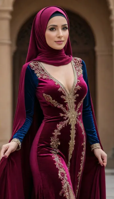 35-year-old beautiful Muslim woman in a tight-fitting colourful velvet abaya, the clothed velvet abaya is slightly see-through, in a colourful hijab, sexy body, perfect breasts, fitness figure, woman, in, abaya, 4K HD visual, Realistic, r, mar00nv3lv3t, long, sleeves, dress, standing, full, body, maroon, velvet, see-through