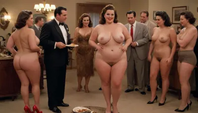 Side view, 1950s photography, wife swap party, Drama, Looking, to, the, side, Living Room, smirking, brown Coiffured hair tubby, fully nude, big bosom and big buttocks, large hairy vagina, ((The rest of the men in the scene are fully dressed in 1950s outfits.)), ((the other women are in various states of disrobing)), The nude BBW female hostess is serving a plate of appetizers., ((BBW:1.6)), ((full body view)), ((high heels)), <lora:1950s_Photography_XL_V1:.8>, <lora:Sitcom_Drama_Style:.8>