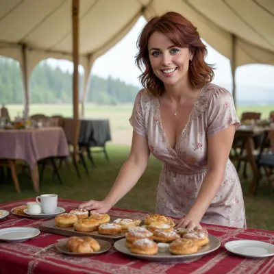 cinematic view of full body woman 40 year old, woman is redhead, woman standing in front of table Prepare french breakfast Pastries on table, in front of family camp tent outside, short hair, hour is 7AM, litle smiling or laughing, detailed satin nightgown, detailed skin, large circle earring, no makeup, perfect smokey eye, large necklace, engagement ring, alliance, Wedding ring, Australian Shepherd dog is sleeping on carpet, perfect lips, 8k, perfect fingers, HDR photo, best quality, ultra-detailed, masterpiece, finely detail, highres, 8k wallpaper, photorealistic, perfect illumination, best shadow, best shot, soft lighting, bhands, little hands, perfect eyes, Raw photo, 8k uhd, high quality, high resolution, professional photography, photorealism, realistic 4k epic detail, shot on kodak, 35mm photo, sharp focus, high budget, cinemascope, moody, epic, gorgeous, film grain, grainy, score_9, score_8_up, score_7_up, rating, explicit, view full body