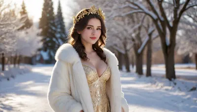 A captivating brunette just 18-year-old 5-feet-height well-built woman, wreath-like hairstyle, slightly smiling, desirable big breasts and thighs, gold-embroidered silverish snow-white gown and snow-white fur overcoat on bare body, barefoot