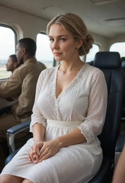 Swedish mature woman model 45 yeas old, blonde hair, sitting in airplane Concorde in a chair, wearing old granny white blouse, African men visible in background in plane