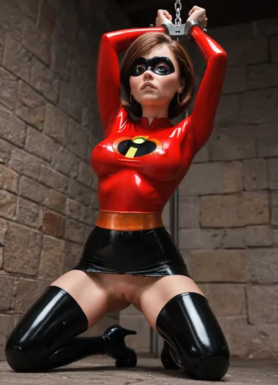 View from below, Intricate detail Helen Parr from the Incredibles, Elastigirl, auburn hair, eye mask, (torn latex costume), black thigh high boots, wide hips, narrow waist, (realistic vagina showing, realistic large breast showing:1.1), (wrists shackled above head), scared, sad, (realistic masterpiece, best quality), high quality image, (kneeling in dungeon), realistic vagina, bare breasts, (/The, Incredibles), /, (ultra, HD, quality, details), red hair, fluxenh4nce, <lora:FLUXEnh4nce:1.3> View from below, Intricate detail Helen Parr from the Incredibles, Elastigirl, auburn hair, eye mask, (torn latex costume), black thigh high boots, wide hips, narrow waist, (realistic vagina showing, realistic large breast showing:1.1), (wrists shackled above head), scared, sad, (realistic masterpiece, best quality), high quality image, (kneeling in dungeon), realistic vagina, bare breasts, (/The, Incredibles), /, (ultra, HD, quality, details), red hair, fluxenh4nce, <lora:FLUXEnh4nce:1.3>