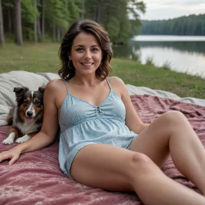 cinematic view of full body woman 40 year old, woman is brune hair, short hair, in front of AIRBED outside, betwin lake and forrest, litle smiling or laughing, detailed satin nightgown, detailed skin, large circle earring, no makeup, perfect smokey eye, large necklace, engagement ring, alliance, Wedding ring, Australian Shepherd dog is sleeping on carpet, perfect lips, 8k, perfect fingers, HDR photo, best quality, ultra-detailed, masterpiece, finely detail, highres, 8k wallpaper, photorealistic, perfect illumination, best shadow, best shot, soft lighting, bhands, little hands, perfect eyes, Raw photo, 8k uhd, high quality, high resolution, professional photography, photorealism, realistic 4k epic detail, shot on kodak, 35mm photo, sharp focus, high budget, cinemascope, moody, epic, gorgeous, film grain, grainy, score_9, score_8_up, score_7_up, rating, explicit, view full body