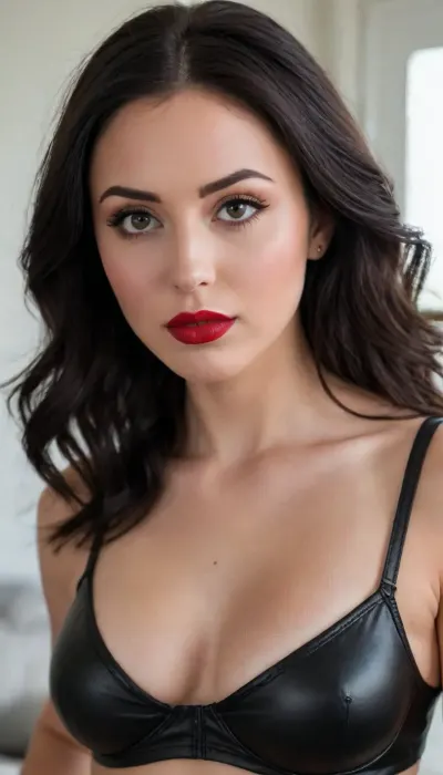 (Stefanie Knight:1.5), ziprealism, (30yo, intimate sensual esthetic, artistic study of feminine allure, offset composition), (seductive sensual expression, sensual eye contact, soft teasing smirk, confident pose:1.2), (f/2.8, shallow depth of field, subtle bokeh), (athletic body, slim waist, wide hips, thicc thighs, tight black leather pants and bra:1.4), (soft pillowed lips, moist lips, vibrant red lipstick:1.4), (natural skin texture, long thick eyelashes:1.2), (cozy bedroom), (large teardrop breasts, soft breasts, deep cleavage:1.2), (strong defined jawline, large expressive eyes, catchlights), (sleek glossy black hair, straightened long hair, hair obscuring face, dark full eyebrows:1.4), (medium full shot, low angle view, view from side, focus ass:1.8)