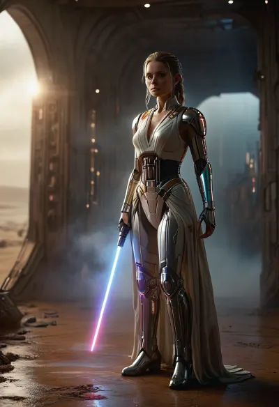 Star Wars Style, heroic full body portrait of a female dignified solo Jedi Warrior, standing in huge spaceport on desert planet, ready to attack, highly detailed Jedi costume, slender, slim waist, long blonde matted dreadlocks, flat breasted, sweating skin, dirt, perfect tanned skin, lucky charm necklace, (perfect lightsaber:1.5), perfect hands, belt, highly detailed face, desert, floating warm sunlight, Background, (millennium falcon), R2-D2, shipyard, many droids Background, many droids, intricate detail, highly detailed, breathtaking, panoramic, cinematic, (3D, Framed, Woman), Macabre, DonMSp3ctr4lXL, mad-2cbrrm, mad-1cbrrm, FRESHIDEAS, Real, Photography, 2#, cloudy, smoke, atmospheric, clouds, fog, <lora:MJ52:2>, <lora:DonMSp3ctr4lXL-000008:.3>, <lora:Neon_Cyberpunk_Cyberarm_SDXL:1.8>, <lora:FRESHIDEAS Real Photography 2#:.8>, <lora:Cloudy_Style:.8>
