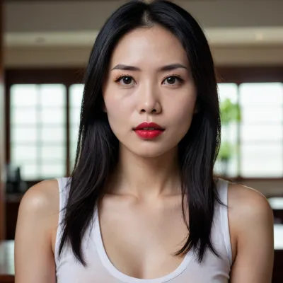A 40 years old Taiwan woman, long black hair, porcelain skin, deep red lips, intelligent eyes.wearing a white tank top, close up