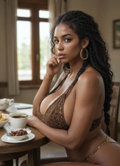 very beautiful girl, (African girl:1.2), long black hair, braided hair, huge breast, huge hips, sitting at a table, side view, drinking coffee, looks at the viewer