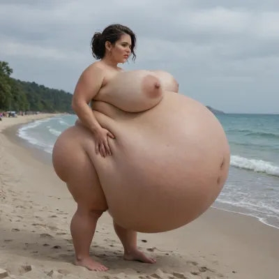 tear drop body shape, ssbbw, huge belly, vore belly, stretched belly, belly expansion, hyper belly, lumps in belly, full body, (Serleena from men in black 2), ass, beach, big ass, (hyper belly:1.3), hyper breasts, (hyper pregnancy:1.2), pregnant, pregnant belly, pregnant female, ready to pop, nude beach, public nudity, casual nudity, thick body, (ssbbw:.5), (vore belly:1.2), side profile, belly overhangs body, (belly sagging:1.1), belly stretch, belly hanging to feet