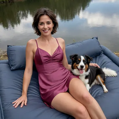 cinematic view of full body woman 40 year old, woman is brune hair, short hair, in front of AIRBED outside, betwin lake and forrest, litle smiling or laughing, detailed satin dress, detailed skin, large circle earring, no makeup, perfect smokey eye, large necklace, engagement ring, alliance, Wedding ring, Australian Shepherd dog is sleeping on carpet, perfect lips, 8k, perfect fingers, HDR photo, best quality, ultra-detailed, masterpiece, finely detail, highres, 8k wallpaper, photorealistic, perfect illumination, best shadow, best shot, soft lighting, bhands, little hands, perfect eyes, Raw photo, 8k uhd, high quality, high resolution, professional photography, photorealism, realistic 4k epic detail, shot on kodak, 35mm photo, sharp focus, high budget, cinemascope, moody, epic, gorgeous, film grain, grainy, score_9, score_8_up, score_7_up, rating, explicit, view full body