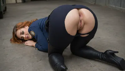 milf, (orange hair), (closed eyes), (closed mouth), (extreme makeup), cry, tears, (thigh high boots), (tight pants), (police uniform), (ripped pants), (bend over), floor, pussy, (gape asshole), legs, solo