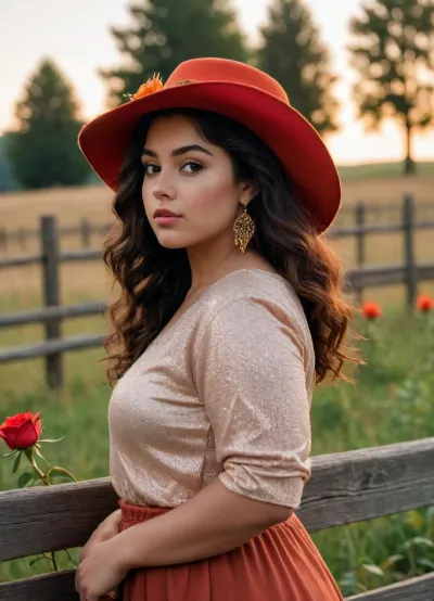 Black fat 23 years old woman in a scene with A warm orange glow stretches across the field. ROSA, stunning in her red rose hat, gold earrings sparkling, leans casually against a wooden fence. Her golden eyes shimmer like fireflies at dusk. Her hair is long and wavy
