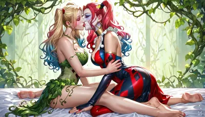 (best quality, masterpiece), (Poison Ivy:1.3), (Harley Quinn:1.3), 1othergirl, sitting on bed, (kissing foot:1.2), (barefoot:1.1), long flowing red hair, (Poison Ivy), blonde pigtails, (Harley Quinn), green leafy costume, red and black jester outfit, indoor, purple ambient lighting, soft focus, detailed eyes, detailed clothing, dynamic pose, gentle smile, **anime style**, **shoujo style**, (highly detailed CG unity 8k wallpaper:1.3), (comic book art style:1.1)