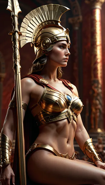 goddess of war Athena, full body visible, bare breasts, side view, resting his forehead on the spear held in front of him, long slender legs, detailxl, <lora:add-detail-xl:.5>, <lora:detailed_notrigger:.5>