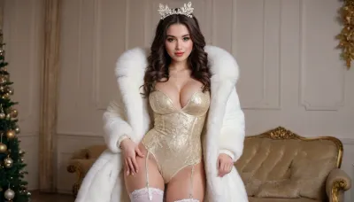 A captivating brunette just 18-year-old 5-feet-height well-built woman, wreath-like hairstyle, slightly smiling, desirable big breasts and thighs, gold-embroidered silverish snow-white warm long dress, white fur boots, stockings and snow-white fur overcoat, Christmas mask party