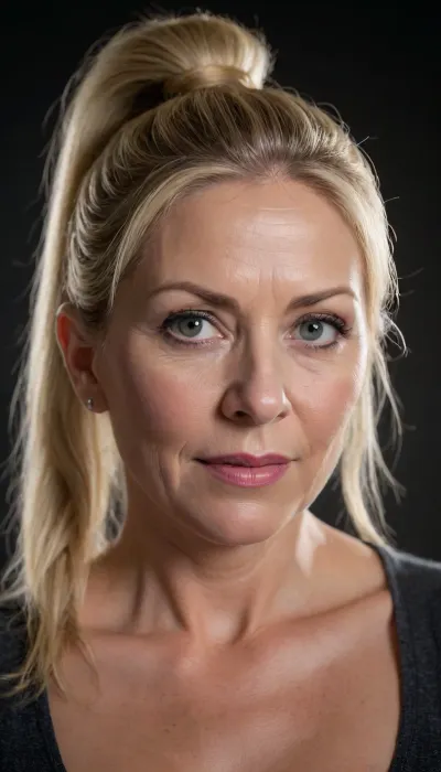 ((1 woman), (mature:1.2), milf, gilf, blonde, (mature 45 year old woman), very realistic, ponytail, (facial wrinkles:1), dim light, soft lightning, looking at viewer, (((view from above:1))), upper body view)