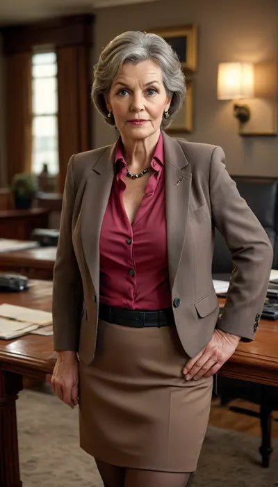 (mature:1.9), (granny:1.2), (chubby:.5), (housewife), solid, brown hair, seductive expression, looking directly at the camera, She is wearing the most beautiful colored business formal suit, blouse, blazer and skirt, Saggy, and her makeup is natural and subtle, Black stockings, The background appears to be an elegant office, The overall impression is a minimalist, simplified, formal, refined, uhd, 8k, score_9, score_8_up, sophisticated, (photorealistic:1.6), masterpiece, epic, (best quality:1.2), (details:1.2), elegant, <lora:elegant_evening_wear_ntc:1.2>, <lora:MJ52:1.2>, <lora:EnvyEleganceXL01:1.6>