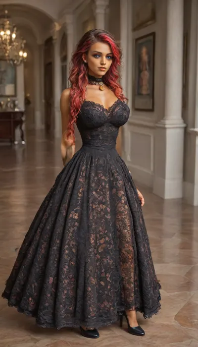 3/4 view, (pretty pettie athletic woman:1.6), (brunette with red highlights:1.6), (eye shadow:1.6), (olive skin:1.6), ((blue eyes)), (tight big breasts), cheeky expression, Submissive, Nymphomaniac, (black heels), (lace victorian dress:1.6), (lace collar with bell), Victorian Mansion Bedroom