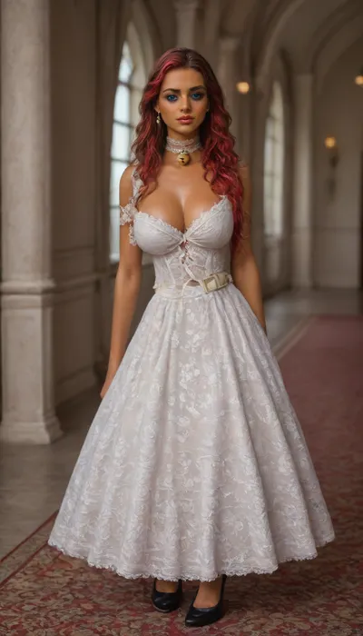 3/4 view, (pretty pettie athletic woman:1.6), (brunette with red highlights:1.6), (eye shadow:1.6), (olive skin:1.6), ((blue eyes)), (tight big breasts), cheeky expression, Submissive, Nymphomaniac, (black heels), (lace victorian dress:1.6), (lace collar with bell), Victorian Mansion Bedroom