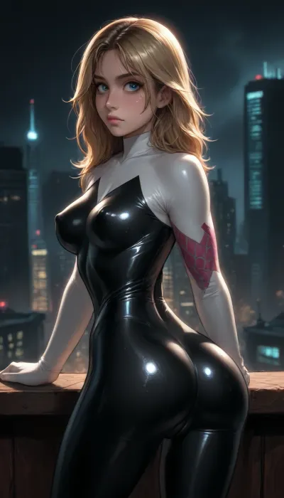 night, clear weather, (((18 years old))), (((young))), (embarrassed face:1.4), (spider girl Gwen Stacy), Braided side Side Cornrows Hair, (tight outfit), (athletic body:1.5), ((wide hip gap)), wide hips, (narrow waist:1.4), (blonde with pink strands), (view from front:1.6), climbs to the roof of a high-rise building, (makeup), New York day, ((pussy cameltoe:1.4)), (shining wet clothes), (makeup:1.2), (oiled skin:1.5), (wet shining tight bodysuit:2), hand, 1girl, (athletic ass:1.6), (medium natural breast:1.5), (high detailed face:1.5), dim lights, (hard nipples:1.3), (chiaroscuro lighting:.3), (reiq style), Melkor Mancin artstyle, cinematic lighting, <lora:MGLRbodysuit_sdxl:.6>, <lora:dark:.3>, <lora:cartoon_stickers_xl_v1:1>, <lora:ratatatat74-000050:1.6>