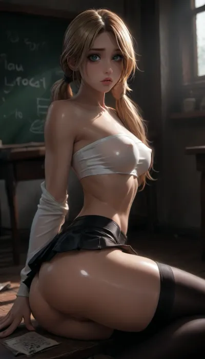 night, solo girl, clear weather, (((18 years old))), (sitting on her knees on the floor), (micro tight leather skirt), ((white tube-top:1.3)), (black stockings with garters), ((garters)), (white g-strings), (shy face:1.4), (tight outfit), (blonde long pigtails), (athletic body:1.5), (classroom), ((wide hip gap)), wide hips, (narrow waist:1.4), (view from front:1.6), (makeup:1.3), ((pussy cameltoe:1.1)), (shining wet clothes), (makeup:1.2), (oiled skin:1.5), hand, 1girl, (athletic ass:1.6), (medium natural breast:1.5), (high detailed face:1.5), dim lights, (hard nipples:1.1), (chiaroscuro lighting:.3), (reiq style), Melkor Mancin artstyle, cinematic lighting, <lora:dark:.3>, <lora:cartoon_stickers_xl_v1:1>, <lora:ratatatat74-000050:1.6>, clothes, no, bra, covered, nipples, <lora:nobrav1_SDXL:.8>