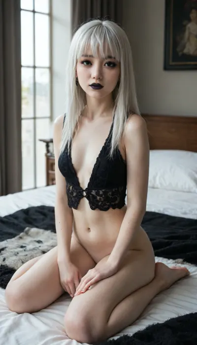 Full body view, ((19-year-old Asian goth woman:1.6), (white hair with bangs:1.6)), (black lipstick, black eye shadow), (pale skin:1.6), ((small natural breasts)), wild undone hair, Submissive, Nymphomaniac, ((seductive expression)), (posing like a pornstar sitting on her bed), ((wearing nothing)), ((Mansion Bedroom))