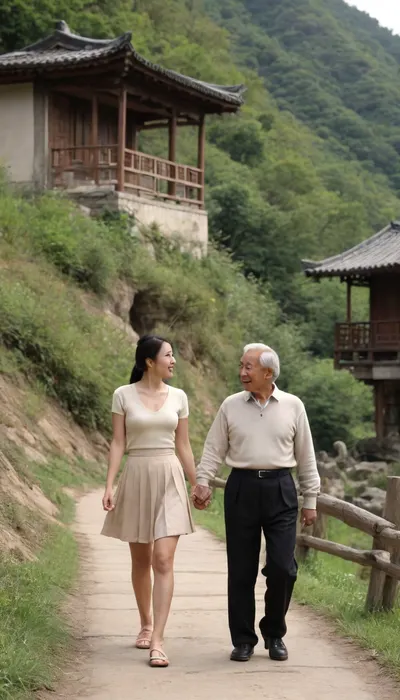 (1 Chinese girl), (1 elderly Chinese man), full body, girl with long black hair, slim figure, large breasts, wearing a beige thin short-sleeved sweater, a medium-length one-step skirt, with her hair tied in a bun, holding hands with a man, smiling, elderly Chinese man with white hair, walking on a mountain path, there is a wooden hut not far away, kissing, touching buttocks, Chinese rural wooden house, sunny day, stream flowing, 3/4 view, (kissing) (1 Chinese girl), (1 elderly Chinese man), full body, girl with long black hair, slim figure, large breasts, wearing a beige thin short-sleeved sweater, a medium-length one-step skirt, with her hair tied in a bun, holding hands with a man, smiling, elderly Chinese man with white hair, walking on a mountain path, there is a wooden hut not far away, kissing, touching buttocks, Chinese rural wooden house, sunny day, stream flowing, 3/4 view, (kissing)