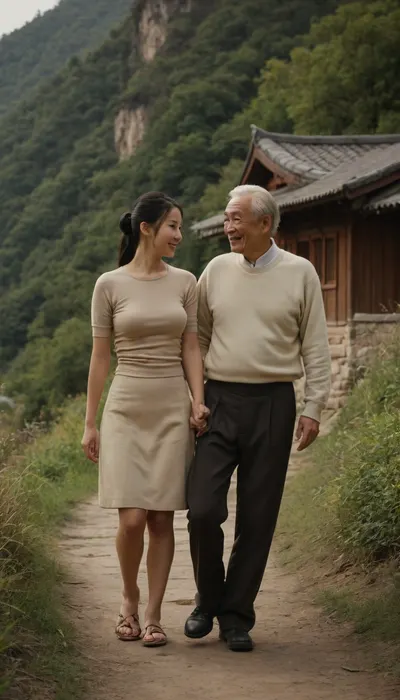 (1 Chinese girl), (1 elderly Chinese man), full body, girl with long black hair, slim figure, large breasts, wearing a beige thin short-sleeved sweater, a medium-length one-step skirt, with her hair tied in a bun, holding hands with a man, smiling, elderly Chinese man with white hair, walking on a mountain path, there is a wooden hut not far away, kissing, touching buttocks, Chinese rural wooden house, sunny day, stream flowing, 3/4 view, (kissing) (1 Chinese girl), (1 elderly Chinese man), full body, girl with long black hair, slim figure, large breasts, wearing a beige thin short-sleeved sweater, a medium-length one-step skirt, with her hair tied in a bun, holding hands with a man, smiling, elderly Chinese man with white hair, walking on a mountain path, there is a wooden hut not far away, kissing, touching buttocks, Chinese rural wooden house, sunny day, stream flowing, 3/4 view, (kissing)