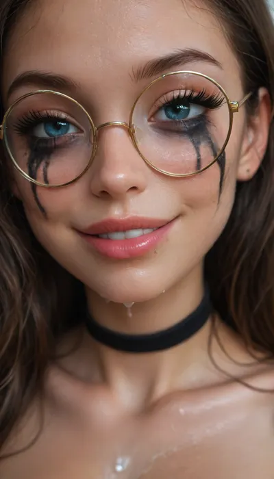 (Young petite tiny cutie girl:1.7), 18 years old, masterpiece, (shiny skin), (((close-up face:1.8))), (skinny:1.5), brown long hair, (blue eyes), (ruined makeup:1.4), (seductive smile:1.4), (((very very big long eyelashes))), (very busty:1.7), (ab crack), ((wet Skin)), ((round glasses)), choker, (cum on skin:1.3), covered long erect nipples, (in the shower), ((she is wearing fishnet stockings contrasting)), shadows, bright light patches, light caustics, (Dynamic angle:1.5), (((best quality))), amazing quality, high contrast, volumetric lighting, intricate details, view from side, (((photorealistic))), (((very big lips))), pink lipstick, <lora:illustrious_styles_v3_vpred:.1>, <lora:678016_training_data:.8>, facialized, superfacialized, <lora:facialized:.8>