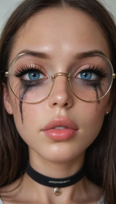 (Young petite tiny cutie girl:1.7), 18 years old, masterpiece, (shiny skin), (((close-up face:1.8))), (skinny:1.5), brown long hair, (blue eyes), (ruined makeup:1.4), (arrogant look:1.4), (((very big long eyelashes))), (very busty:1.7), (ab crack), ((wet Skin)), ((round glasses)), choker, covered long erect nipples, (in the shower), ((she is wearing fishnet stockings contrasting)), shadows, bright light patches, light caustics, (Dynamic angle:1.5), (((best quality))), amazing quality, high contrast, volumetric lighting, intricate details, view from side, (((photorealistic))), (((very big lips))), pink lipstick, <lora:illustrious_styles_v3_vpred:.1>, <lora:678016_training_data:.8>, facialized, superfacialized, <lora:facialized:.8>