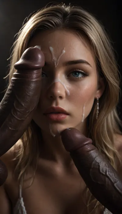 8K, UHD, masterpiece, photorealistic, ((beautiful:1.7)), ((40yo woman)), blonde, French, ((cum on face:1.5)), looking at the camera, bright blue eyes, interracial. giant veiny black penises, very detailed, sweetest black penises in the world, beautiful black large penis, long hard erect penises, circumcised penises, super close up view, sweet, wet thick lips, close up beautiful lips, wet sexy lips touching dick, wet skin, plumb lips, kissing penis, sloppy, dripping lips, a little bit of sperm is coming out of dick, a little bit of cum, small amount of cum, <lora:Dramatic_penis_SDXL:.8>, <lora:dark:.8>, <lora:facialized:.6>, <lora:attractive_notrigger:1.5>