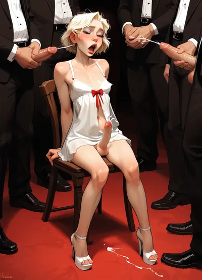 toon, incase, drawing style, 1man, 1 femboy, femboy, blonde, long straight hair, large flaccid cock and balls, cumming, (detailed face), moaning, naked young student girl, negligee white platform high heels, full body, standing masturbating cock, (bottomless), masterbating in front of 5 men in chairs, ((bare breast:1.2)), kneeling on floor masturbating, black trousers, slipped down, <lora:jeans down_D02_realvizXL2_bucket_P6b_02-000010:.8>, <lora:nagatoro hayase-000015:.8>, <lora:287175_training_data:.4>, <lora:samdoesart_style_xl_v1:.4>, <lora:Animated_Concept:.4>