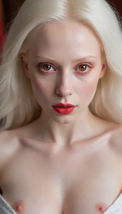 ((uhd), cinematic masterpiece, luxurious details, ultra-detail, noise-free, photorealism), full body, (bolumetric light), 1.3, the unique beauty of the albino woman, (angelic face, perfect face), (albino:1.5), with, (very white eyebrows), 1.5, and, (very white eyelashes, red eyes:1.5), with her hair, (very white:1.5), (released to the wind), 1.2, (angelic face), 1.4, ((the unique albino beauty of 20 years)), full frontal naked, huge breasts, six pack, huge hips, open cameltoe big pussy lips, long legs spread apart.