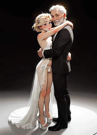 toon, incase, drawing style, 1man, 1 femboy, femboy, long blonde hair, large flaccid cock and balls, cumming, (detailed face), polite smile, naked femboy, tiny white negligee with panties white platform high heels, build in white panties, perky tits, full body, (bottomless), wedding photo hugging oversized old man in suit, ((bare breast:1.2)), at wedding, <lora:nagatoro hayase-000015:.8>, <lora:287175_training_data:.4>, <lora:samdoesart_style_xl_v1:.4>, <lora:Animated_Concept:.4>