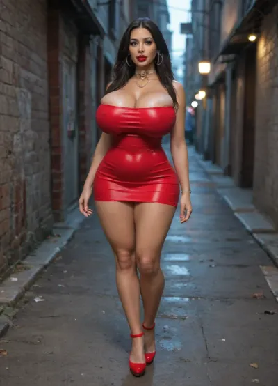 (masterpiece, best quality), Location Dark scary dirty night alley in the slums, (dark night), garbage, Sexy short mommy slut with a curvy body, She has to become a prostitute to earn money, (huge bimbo breasts:1.5), (bulging athletic ass:1.2), (wide hips:1.4), (curvy:1.2), Chubby hands, (thin slender legs:1.2), (makeup), (red lips), (long hair:1.2), black hair, Tan, (slave collar), dressed, (red vulgar tight dress with cutouts), short skirt, <lora:add-detail-xl:.8>
