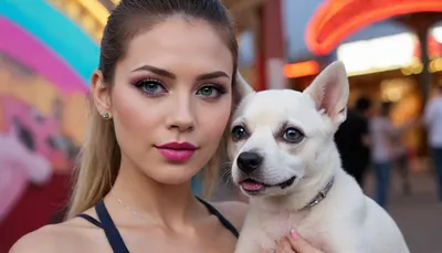 Everything is visible We can both be seen in the frame against the background of the amusement park, am Rex, watching for wanted AI woman., (I am an electronic dog named Rex:1.3), .
I serve in the K-9 unit.
I was tasked with finding an escaped AI copy. which created the illegal cybernetic body of a woman who used cloning and nano technology in electronics.
external signs, Asian type aged from 35, ponytail hairstyle with bangs., medium height, long beautiful legs, slightly larger blue eyes, mini breasts with erect nipples with purple halos and pierced nipples with platinum rings, very tight pink pussy also with piercing in the form of platinum rings. make-up with long eyelashes is blue, lush lips are red with a glossy color with a pink outline smoothly turning into red, green eye shadow.
I, Rex, am nearby, observing the object. Completely naked, artoflips, uoclips, lips, lipstick, art, of, <lora:Art_Of_Lips_PONY_XL_By_UOC:.8>