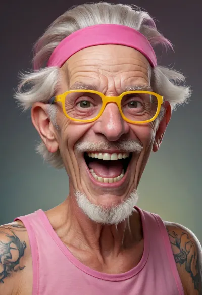 funny caricature, rebellious elder punk caricature, elderly caucasian male, 70 years old, tattooed skin, slicked-back white hair, gritty teeth, big cartoonish head, exaggerated caricature features, mischievous expression, (wearing pink headband), (yellow tank top), thick frame glasses, vibrant colors