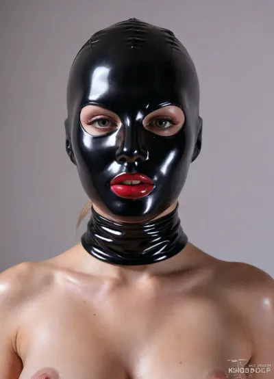 An elegant latex fetish model wearing latex fetish face hood got cum in the face, cum on latex, cum in mouth, facial, covered in cum, cum covered, cum on clothes, her juicy wet lips are squeezed tightly through the latex mask, tight latex Balaclava, smooth ultra tight fitting latex, reflecting latex, long fake eylashes, forehead covered, face fully covered by latex hood, overflowing lips, posh lips are moist and shiny, white empty background, closeup erotic art fetish photostudio photography, (volumetric lighting), (best shadows), 8K, UHD, camera focused on her, (best lighting), (best quality), best details, ultra high resolution, masterpiece, wearing, latexMask, latex, (bukkake), cum, on, cloth