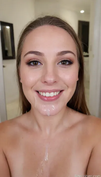 Mirror selfie of a girl showing off her face covered with cum after receiving a, (massive facial cumshot), . Sperm all over her face, eyes, cheeks, mouth, forehead, chin and hair. Loads of cum. Glazed shiny face.Thick white sperm. She is taking a mirror selfie in front of a mirror with an iPhone. She is holding the iphone. She is not wearing any makeup. Detailed Realistic natural skin texture. Short regular nails. Extremely amateur picture vibe. She as acne on her face. Shy smile