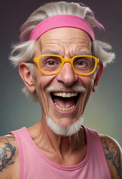 funny caricature, rebellious elder punk caricature, elderly caucasian male, 70 years old, tattooed skin, slicked-back white hair, gritty teeth, big cartoonish head, exaggerated caricature features, mischievous expression, (wearing pink headband), (yellow tank top), thick frame glasses, vibrant colors