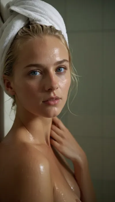 high quality photo, 4K, front shot, upper body from from waist up, 20 year old Norwegian woman, in the bathroom, just out of shower, wet slicked blonde hair hanging down, wearing a towel at hips, bright light blue eyes, shy, tilting her head to one side