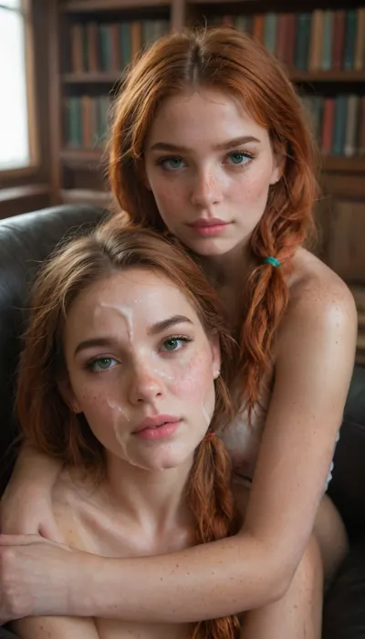 beautiful sexy very petite mature woman with fiery orange ginger hair and green eyes, hair in long symmetrical pigtails, (freckles:1.5), (cum on face:1.5), sitting in a plush brown leather armchair in a dimly lit library, raw photo, 8k, <lora:JustCum:1.5>, <lora:LPFRECKLES_lora:.8>