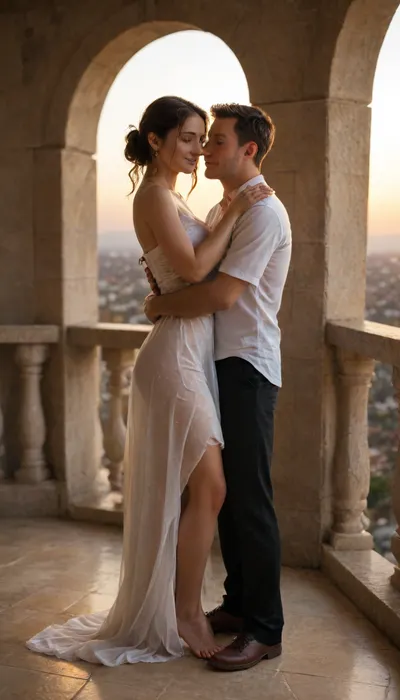1 woman, 1 man, ultra-realistic, very detailed human textures, natural facial expressions, full body, hugging romantically, eyes closed, soft smile, big balcony at golden hour, warm romantic lighting, cinematic composition, sunset, soft shadows, ultra-symmetrical anatomy, ultra high detail in skin, hair, and clothing, <lora:add-detail-xl:1>, <lora:Super_Eye_Detailer_By_Stable_Yogi_SDPD0:1>, <lora:polyhedron_golden_hour_000006:1.9>