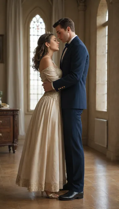 1 woman, 1 man, ultra-realistic, ultra-symmetrical human anatomy, full body, very detailed skin, hair, and clothing textures, natural facial expressions, cinematic golden hour lighting, magical warm glow, ballroom or balcony of a majestic fairy tale castle overlooking sunset landscape, soft flowing curtains and chandeliers in background, gentle breeze moving hair and clothes, dreamy and romantic royal atmosphere, Woman, 18-20 years old, 170 cm tall, hourglass figure, long wavy chestnut hair cascading elegantly, wearing a flowing royal ball gown inspired by Beauty and the Beast, deep royal blue with golden embroidery, off-shoulder design, voluminous floor-length skirt, delicate jewelry, (earrings, tiara), subtle soft makeup enhancing natural beauty, Man, 20-25 years old, 185 cm tall, athletic build, short dark hair, wearing a tailored ceremonial suit with gold accents, high-collar coat, fitted trousers, polished shoes, subtle royal accessories, (brooch, ring), Pose, embracing gently but intimately, woman’s arms around man’s neck, man’s hands on woman’s waist, both eyes closed, soft romantic smiles, slightly leaning toward each other, cinematic side angle, full body visible