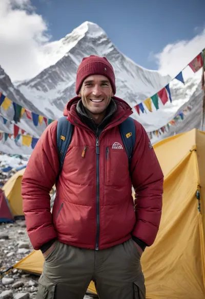 a climber at Mount Everest base camp, posing for photo with a big smile, Mount Everest centered in background, (photo realistic:1.3), (highly detailed, sharp focus), 35mm photo, wide angle, cold weather tents in background, pennants in background