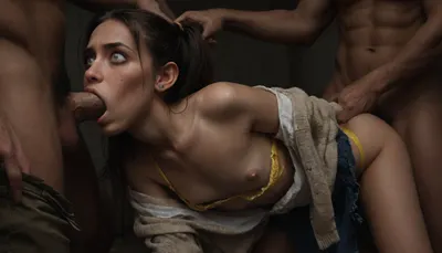 extremely realistic, 18 y/o American woman, ashamed facial expression, standing, (scared, pain-distorted facial expression), ((mouth penetration 1.3)), (forced deepthroating), looking her attacker, ((extreme flat chested)), blue eyes, (pigtails 1.1), ((sexually assaulted hard by three men)), ((yellow thong is torn in half on her thigh 1.2)), (forced deepthroat), ((anguished expression 1.2)), ((wide eyed)), anger, screaming, angry, (((detailed face))), ((HD face)), men undressing woman, thugs undressing woman, thugs tearing off her lace underwear, clothes torn, panties torn, men tearing off cardigan, tearing off skirt, pulling down bra, lace bra, men groping her, unbuttoned torn cardigan, pantyhose cut, low violet bra, show pussy, cumming, cum on face, man taking off her clothes, man takes off her violet panties, struggling, hairy pussy, escape, hold back clothes, woman pushing men away, taking off torn bra, brutal mouth penetration, brutally undressed, show nipples, Gang bang, back view, panties pulled down, lying, on side, <lora:dark:1>, <lora:polyhedron_angry-000006:2>, <lora:469839_training_data:2> extremely realistic, 18 y/o American woman, ashamed facial expression, standing, (scared, pain-distorted facial expression), ((mouth penetration 1.3)), (forced deepthroating), looking her attacker, ((extreme flat chested)), blue eyes, (pigtails 1.1), ((sexually assaulted hard by three men)), ((yellow thong is torn in half on her thigh 1.2)), (forced deepthroat), ((anguished expression 1.2)), ((wide eyed)), anger, screaming, angry, (((detailed face))), ((HD face)), men undressing woman, thugs undressing woman, thugs tearing off her lace underwear, clothes torn, panties torn, men tearing off cardigan, tearing off skirt, pulling down bra, lace bra, men groping her, unbuttoned torn cardigan, pantyhose cut, low violet bra, show pussy, cumming, cum on face, man taking off her clothes, man takes off her violet panties, struggling, hairy pussy, escape, hold back clothes, woman pushing men away, taking off torn bra, brutal mouth penetration, brutally undressed, show nipples, Gang bang, back view, panties pulled down, lying, on side, <lora:dark:1>, <lora:polyhedron_angry-000006:2>, <lora:469839_training_data:2>