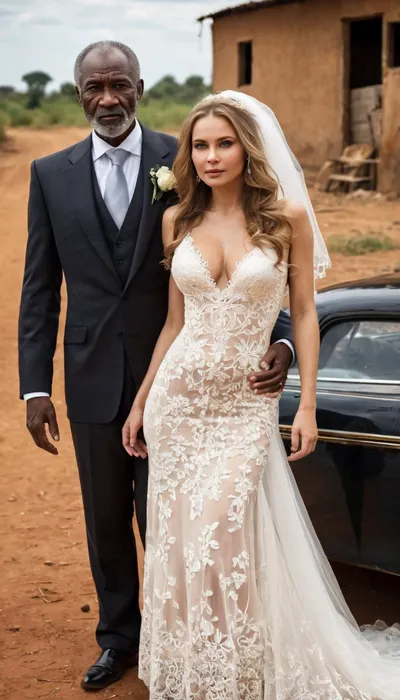 memorable wedding photo, big perky boobs, 1 stunning, (((russian bride))), with long dark blonde hair and radiant skin in a deeply cut V-neck lace, (((sexy micro dress wedding))), gown with sheer, exuding hot and seductive charm, 1 very bad, (((african old man))), bad fat features in black suit, standing close, both confidently, in an African countryside ghetto ultra detailed image, best quality, photorealistic style, no distortion