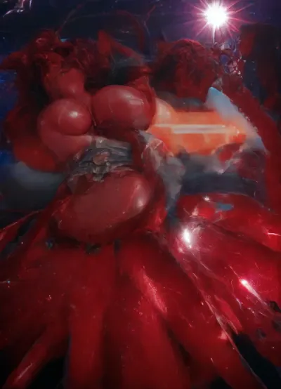 (succubus:1.6), Well-built, long ponytail, red skin, shiny skin, (Long lashes), red lipstick, round breasts, topless, round ass, big hips, orgasm, neon, wet and juicy pussy, succubus armour, lying on red sparkly cushions, bing bing bed, relaxing, disco room, disco light